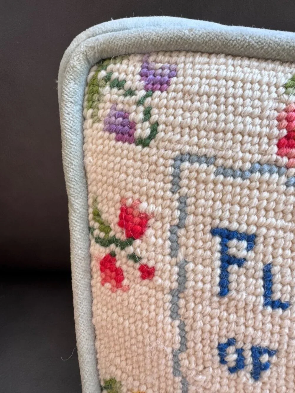 Vintage Needlepoint Pillow With Floral Design & Blue Velvet Backing 11
